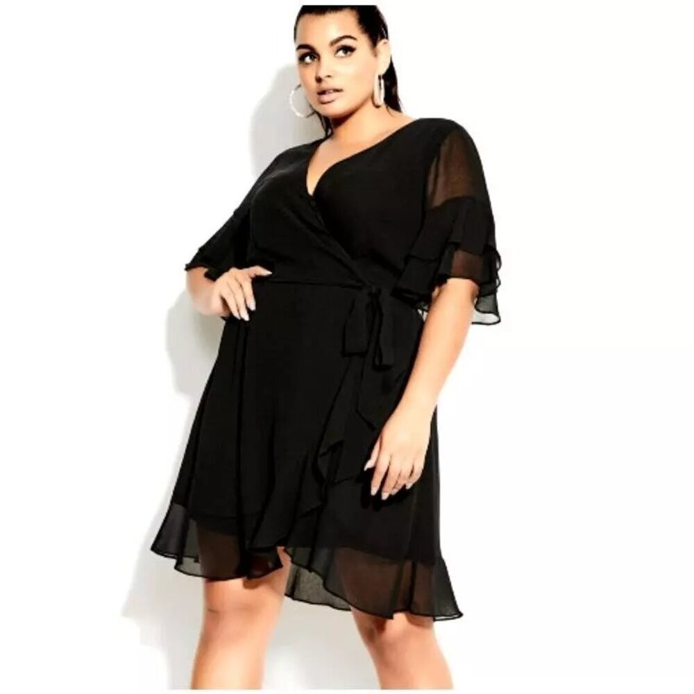NWT CITY CHIC Black Mini Dress XL Black Flutter Frill Wrap Dress Size XL/22